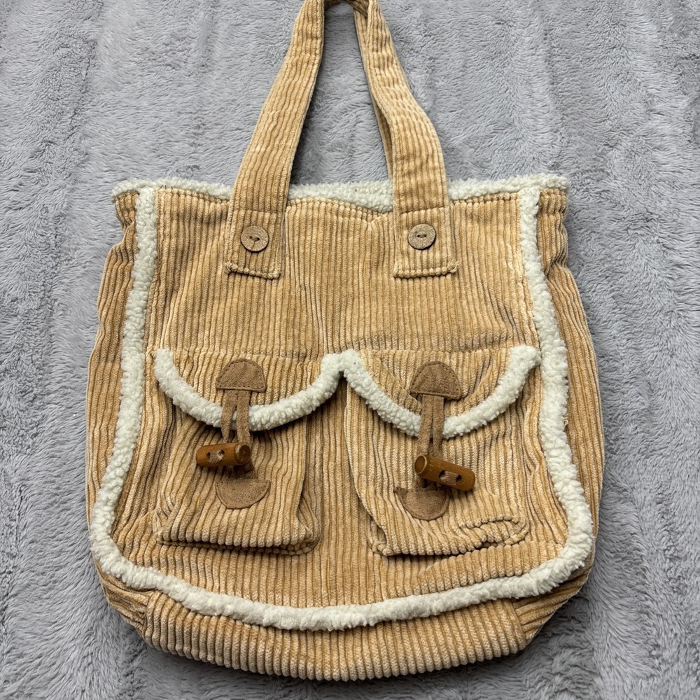 OLD NAVY - Beige Corduroy Floral Print Inside w/ Pockets, Shoulder Tote